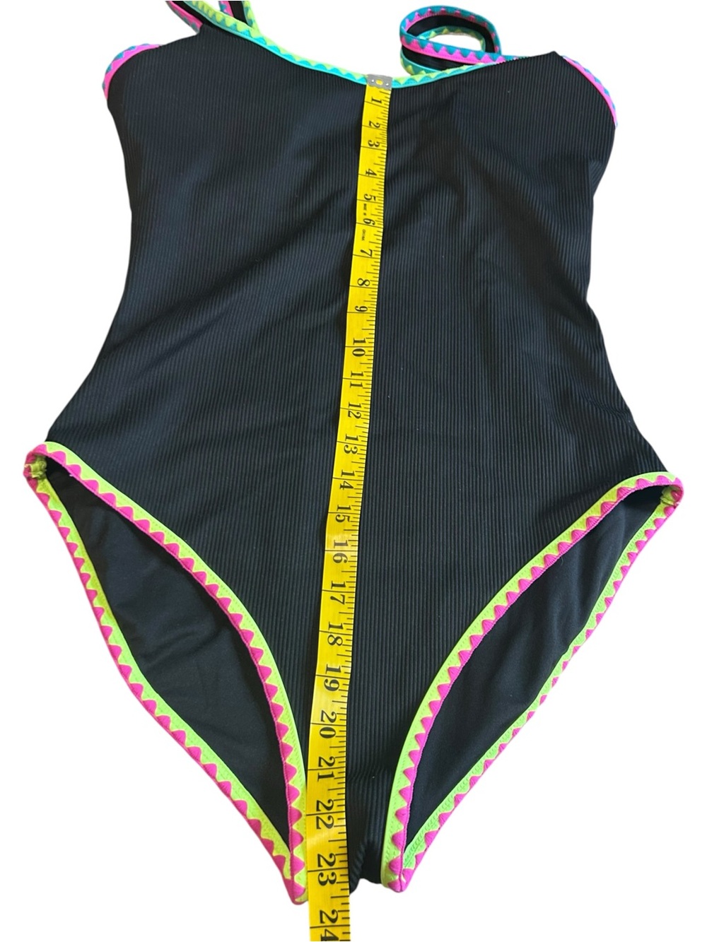 POPVIL Ribbed Black Neon Trim One Piece Swimsuit Size L - Picture 3 of 11